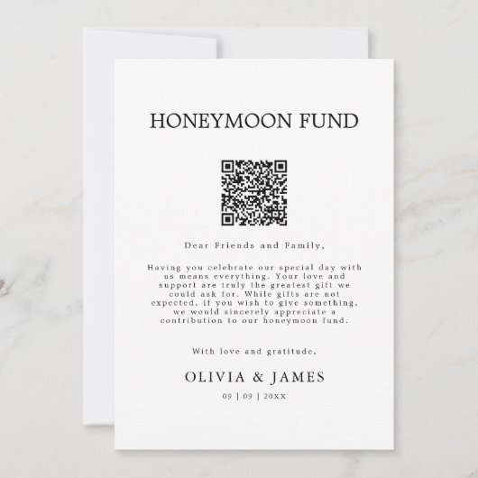 Flitterwochen-Hochzeitsgeschenk QR-Code-Schild,  Einladung (Vorderseite)