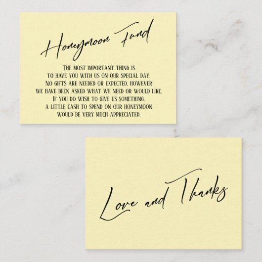 Flitterwochenfonds Moderne Handschrift blass gelb Begleitkarte (Vorne/Hinten)