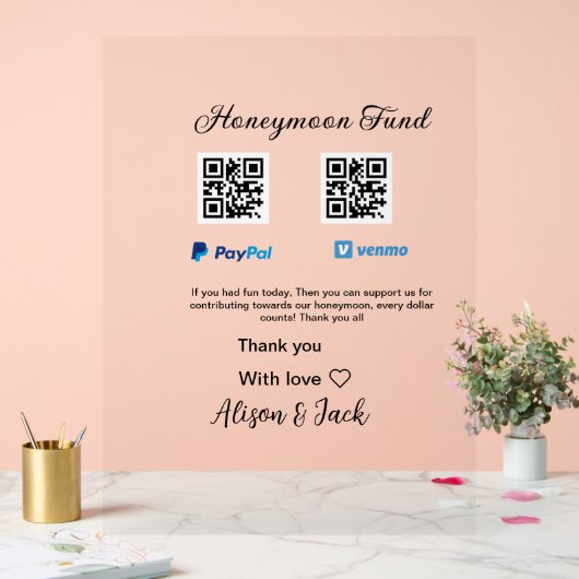 Flitterwochenfonds venomo paypal donation Q R paar Acrylschild (Hochzeit)