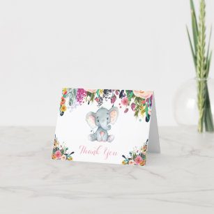 Floarl Niedlich Elephant Baby Girl Pink und Gray Dankeskarte