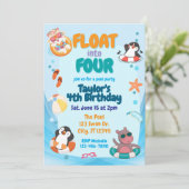 Float into Four, Pool Animals 4th Birthday Einladung (Stehend Vorderseite)