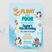 Float into Four, Pool Animals 4th Birthday Einladung (Vorne/Hinten)