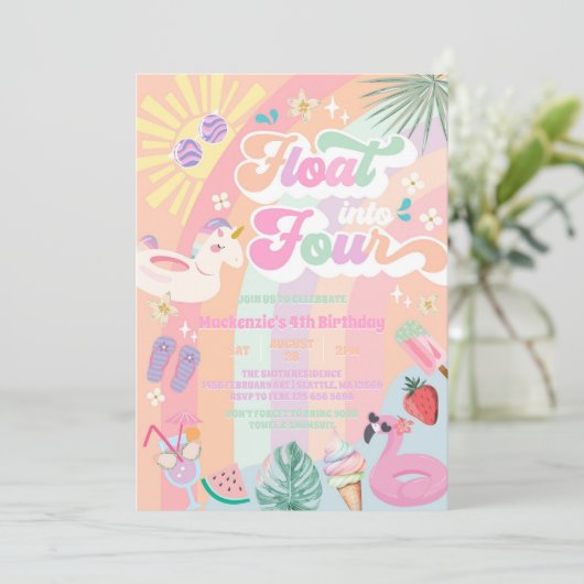 Float Into Four Summer Rainbow Sun 4th Birthday  Einladung (Stehend Vorderseite)