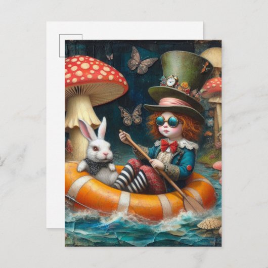 Float Trip Alice White Rabbit enauskausale Collage Postkarte (Vorne/Hinten)