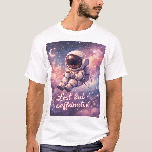 Floating Astronaut Coffee Lover Funny Space T-Shirt (Vorderseite)