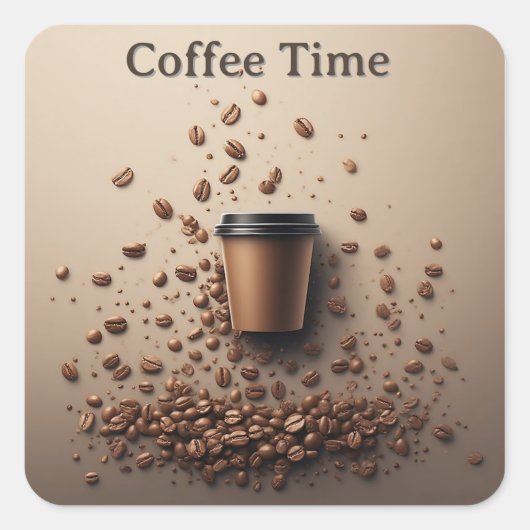 Floating Coffee Cup With Coffee Beans Quadratischer Aufkleber (Vorderseite)