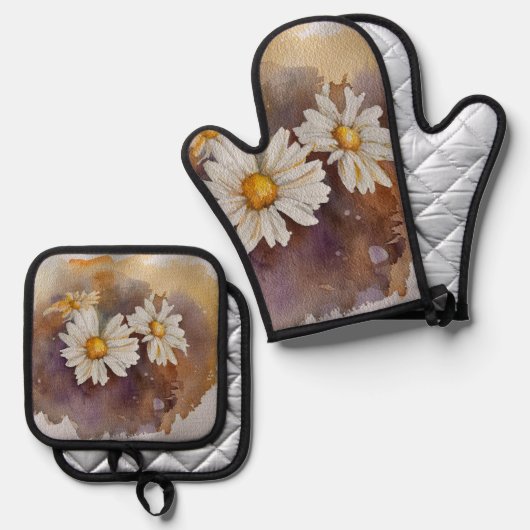 Floating Daisy Watercolor Ofenhandschuh & Topflappen-Set (Vorderseite/Rückseite)