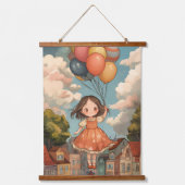 Floating Dreams: Ein Girl's Balloon Adventure Wandteppich Mit Holzrahmen (Vorderseite)