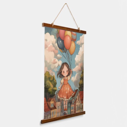 Floating Dreams: Ein Girl's Balloon Adventure Wandteppich Mit Holzrahmen (Gewinkelt)