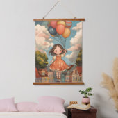 Floating Dreams: Ein Girl's Balloon Adventure Wandteppich Mit Holzrahmen (Schlafzimmer)