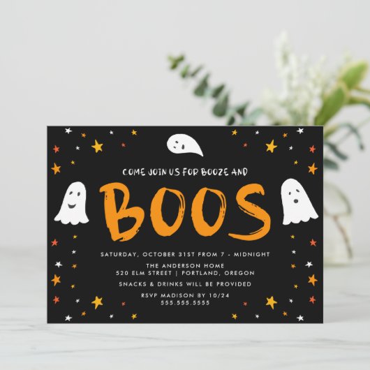 Floating Ghosts Boos und Booze Halloween-Party Einladung (Stehend Vorderseite)