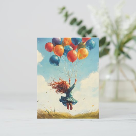 Floating Girl mit Balloons Postkarte (Stehend Vorderseite)