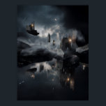 Floating Gothic Ruins Cosmic Mirror Night Poster<br><div class="desc">Shattered gothic cathedrals and broken spires float as isolated islands in a vast, starry night sky. Each ruin glows with ethereal blue-violet light from cracked windows and arched interiors, while small warm lanterns and fires flicker in the darkness. A slender crescent moon hangs low, illuminating swirling clouds and casting perfect...</div>