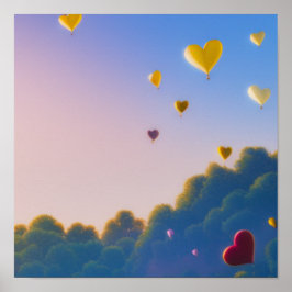 Floating Heart Balloons in Sky Poster