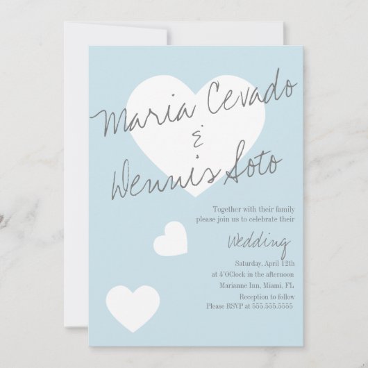 Floating Heart Lettering Script Wedding Blue Gray Einladung (Vorderseite)