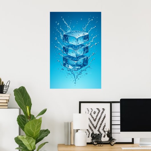 Floating Ice Cube Splash - Dynamic Digital Art Poster (Heimbüro)