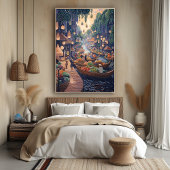 Floating Market Scene in Pointillist Style Poster