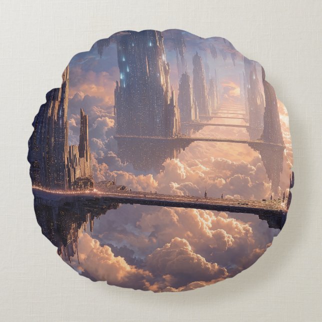 Floating Metropolis in the Clouds Rundes Kissen (Vorderseite)