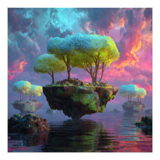 Floating Turquoise Tree Islands Neon Sky Fotodruck