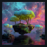 Floating Turquoise Tree Islands Neon Sky Poster<br><div class="desc">Three colossal, glowing trees with electric turquoise, lime, and chartreuse canopies dominate floating islands of mossy rock and ancient ruins. Tiny crystals and patchwork greenery sparkle beneath the branches while the islands hover above a mirror-like ocean reflecting a dramatic sky of swirling magenta, violet, pink, and cyan clouds pierced by...</div>