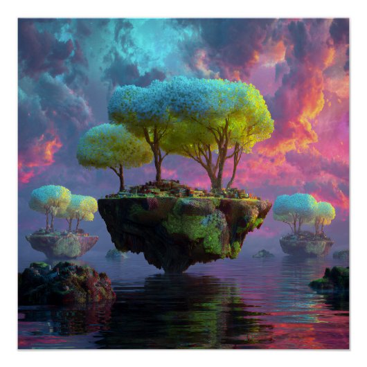 Floating Turquoise Tree Islands Neon Sky Poster (Vorderseite)