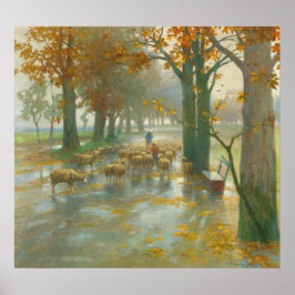 Flock of Sheep with Shepherdess on a Rainy Day Poster
