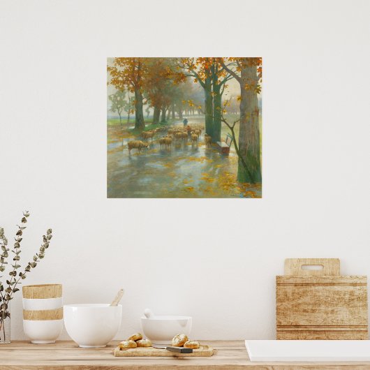 Flock of Sheep with Shepherdess on a Rainy Day Poster (Küche)