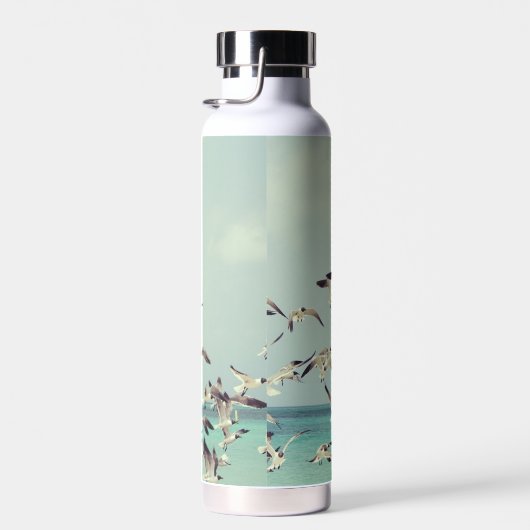 Flock von fliegenden Möwen über den Ozean. Trinkflasche (Rechts)