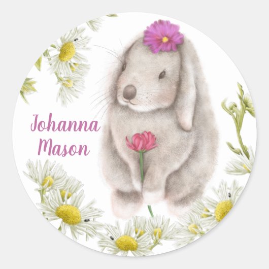 Floppy Eared Bunny and Daisies Round Stickers (Vorderseite)