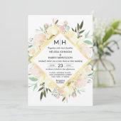 Flora Bouquet Pink Goldfarbene Hochzeit Einladung (Stehend Vorderseite)