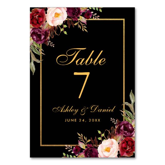 Flora-Burgund-Black-Gold-Hochzeit Tischnummer (Rückseite)