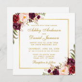 Flora-Burgundy Gold Wedding Card S Einladung (Vorne/Hinten)