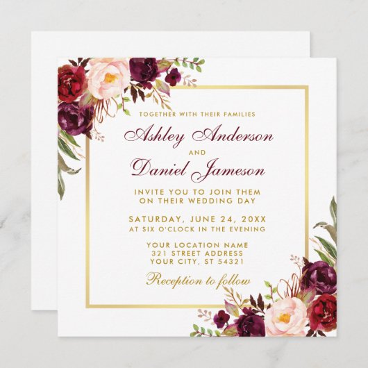 Flora-Burgundy Gold Wedding Card SB Einladung (Vorne/Hinten)