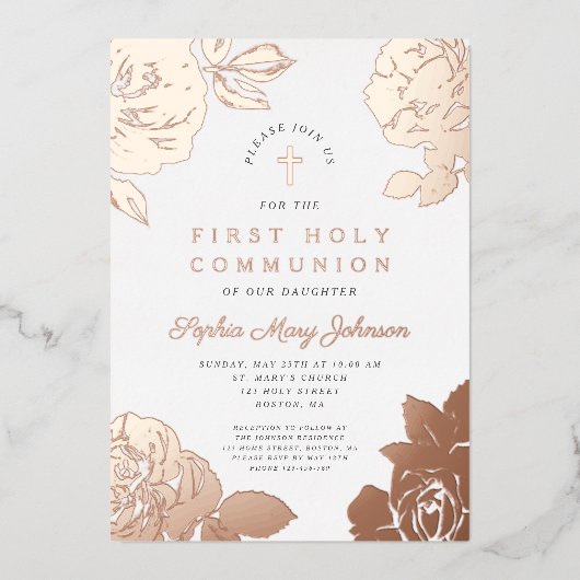 Flora Elegante First Communion Rose Gold Folieneinladung (Vorderseite)