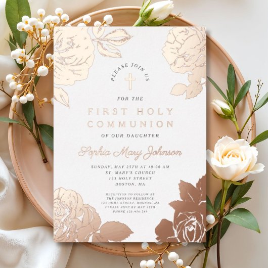 Flora Elegante First Communion Rose Gold Folieneinladung