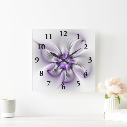 Flora Elegante Modernes Abstraktes Violett Fraktal Quadratische Wanduhr (Zuhause)