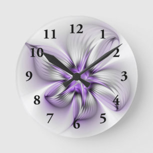 Flora Elegante Modernes Abstraktes Violett Fraktal Runde Wanduhr