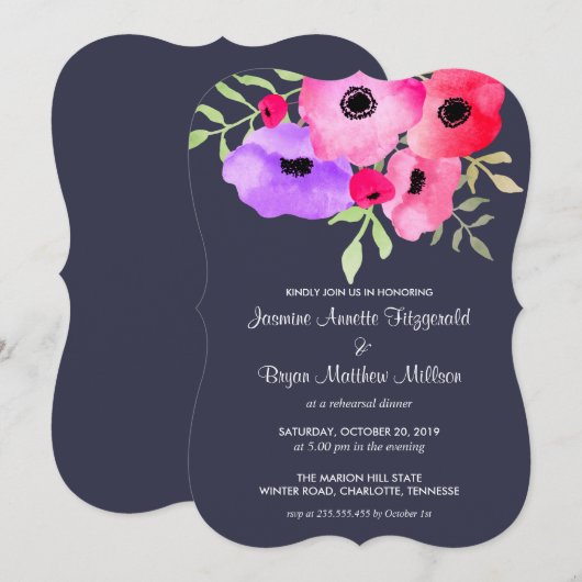 Flora-Engagement-Partei Navy Blue Einladung (Vorne/Hinten)