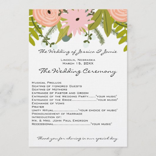 Flora & Fauna Ferns Rose Acorns Twigs Wedding Programm (Vorderseite)