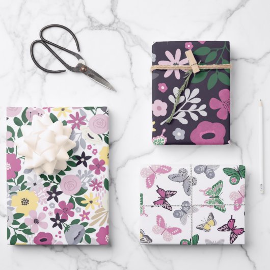Flora-Fauna-Schmetterlingsgarten Muster Geschenkpapier Set (Vorderseite)