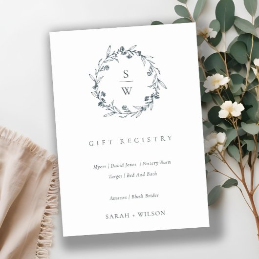 Flora Laurel Wreath Monogram Wedding Gift Registry Begleitkarte