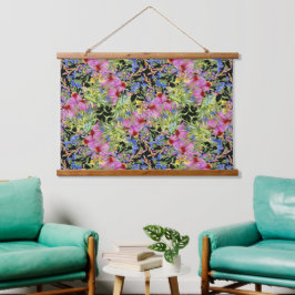 Flora-Muster Gelb-Grün-Rosa Wandteppich Mit Holzrahmen