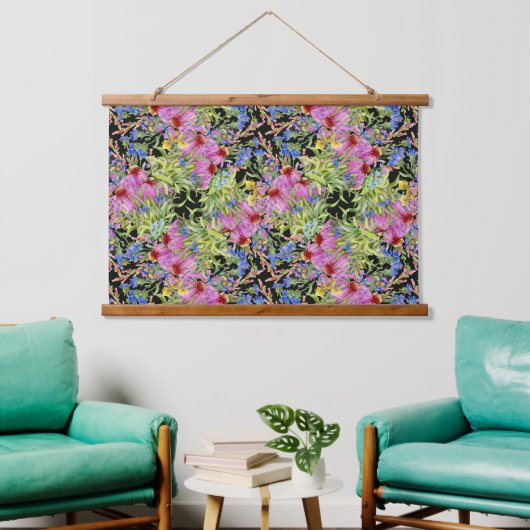 Flora-Muster Gelb-Grün-Rosa Wandteppich Mit Holzrahmen (Wohnzimmer)