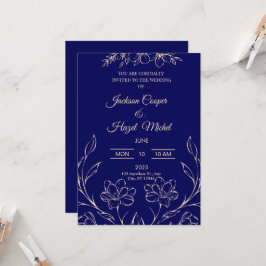 Flora Navy Blue Wedding Einladung