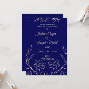 Flora Navy Blue Wedding Einladung