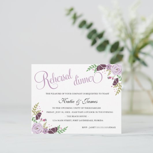 Flora Probe Abendessen Einladung| Lila Einladung (Stehend Vorderseite)