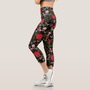 Flora-rosa Rote Rosen Schwarzes Muster Capri Leggings