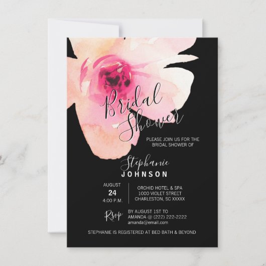 Flora-rosa-schwarzes Brautparty Einladung (Vorderseite)
