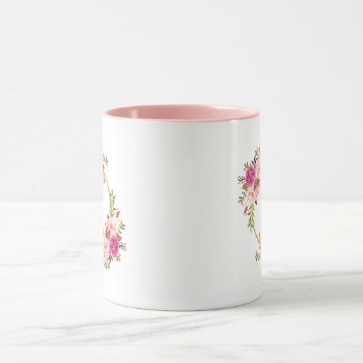 Flora-rosa-weißes goldfarbenes Monogramm Tasse (Zentrum)