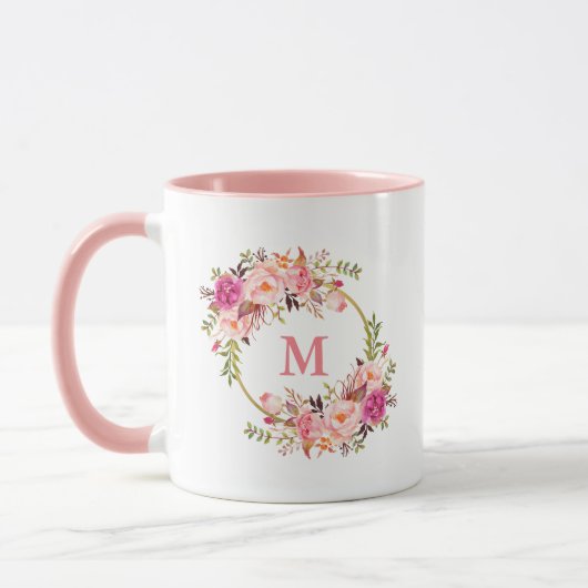 Flora-rosa-weißes goldfarbenes Monogramm Tasse (Links)
